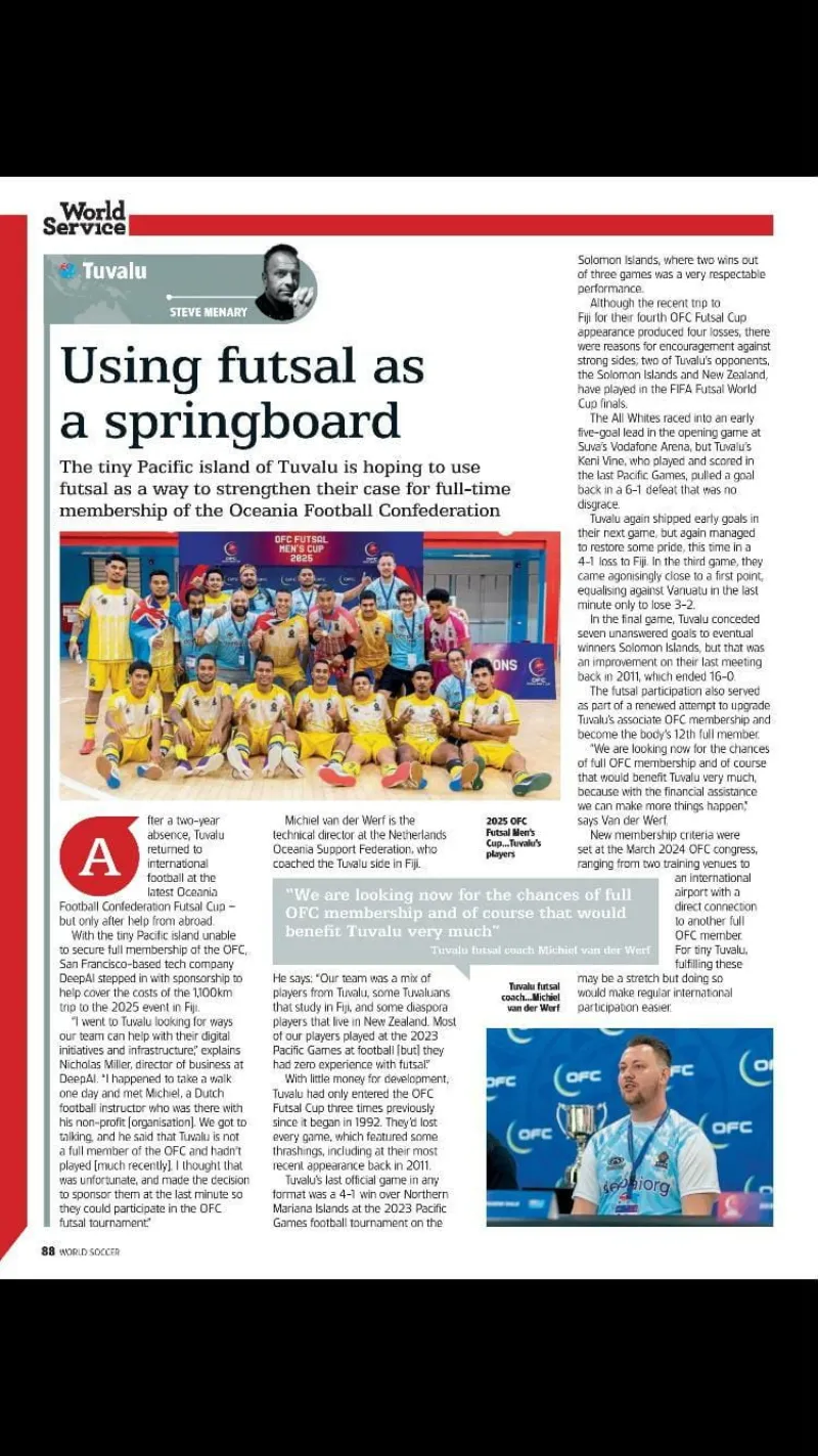 Magazine spread about Tuvalu's futsal team — the lowest-ranked in the world.